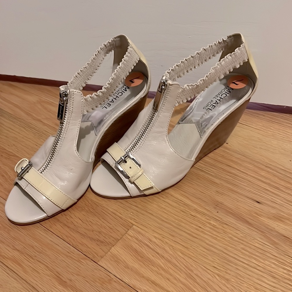 Michael Kors Peep-Toe Polished Wood Wedge Heel in Cream